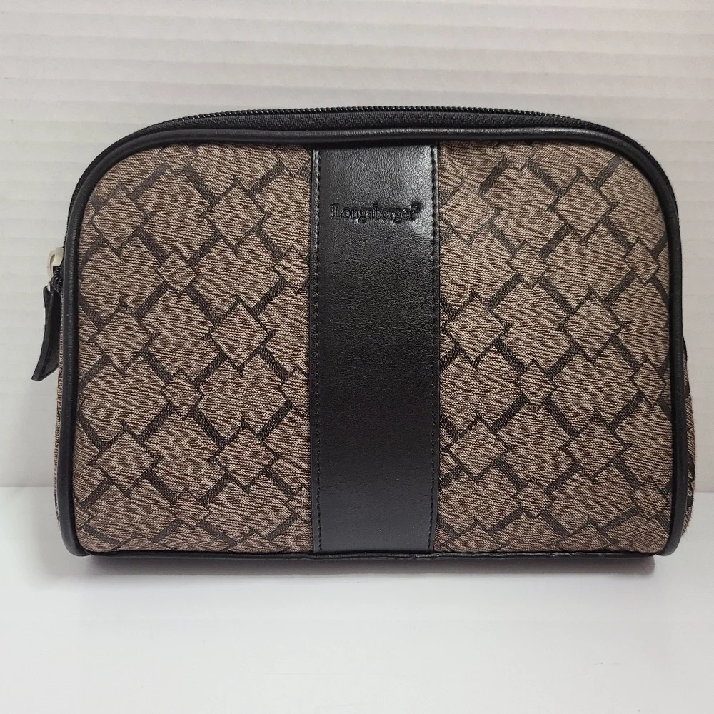 Longaberger Vintage Zip Top Signature Cosmetic Case Brown Diamond Print